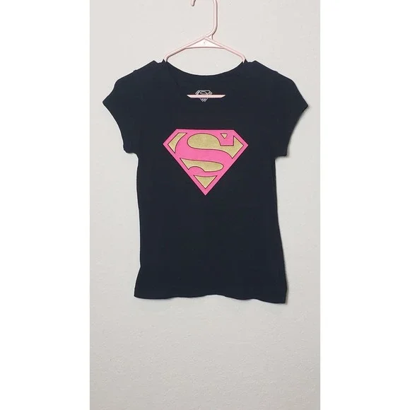 Kids Girls Black Superman Logo Pink Gold Graphic T Shirt Top Size 10 12 - Picture 2 of 10